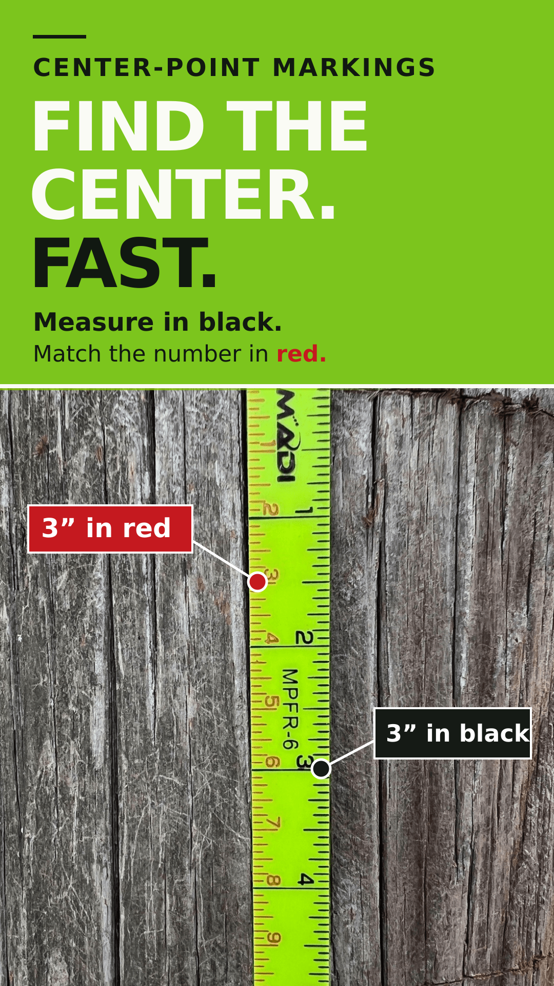 Find the center with MADI's folding ruler: match the black measurement number to the same number on the red center-point scale.